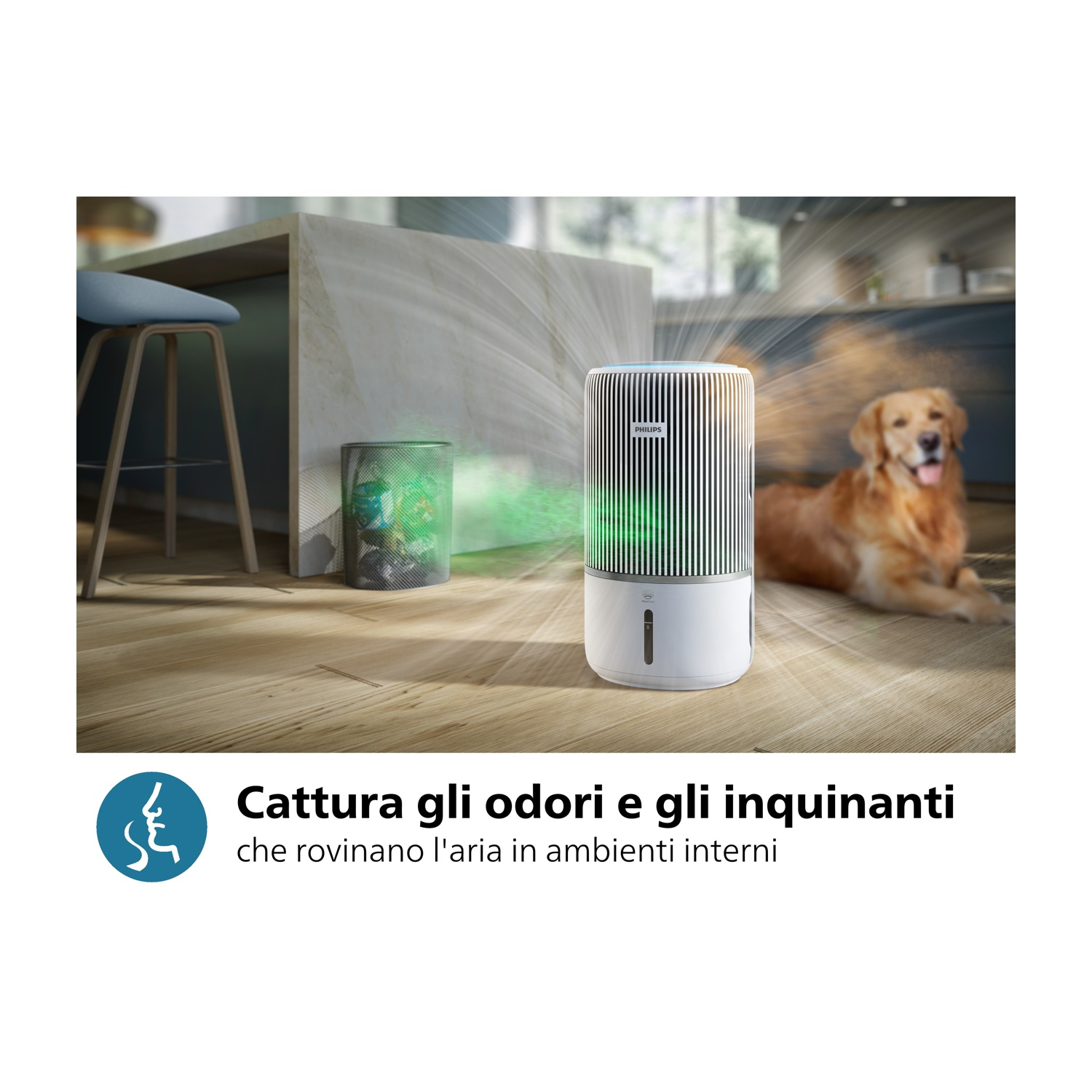 Purificatore d'aria con luci verdi. Un cane sullo sfondo.