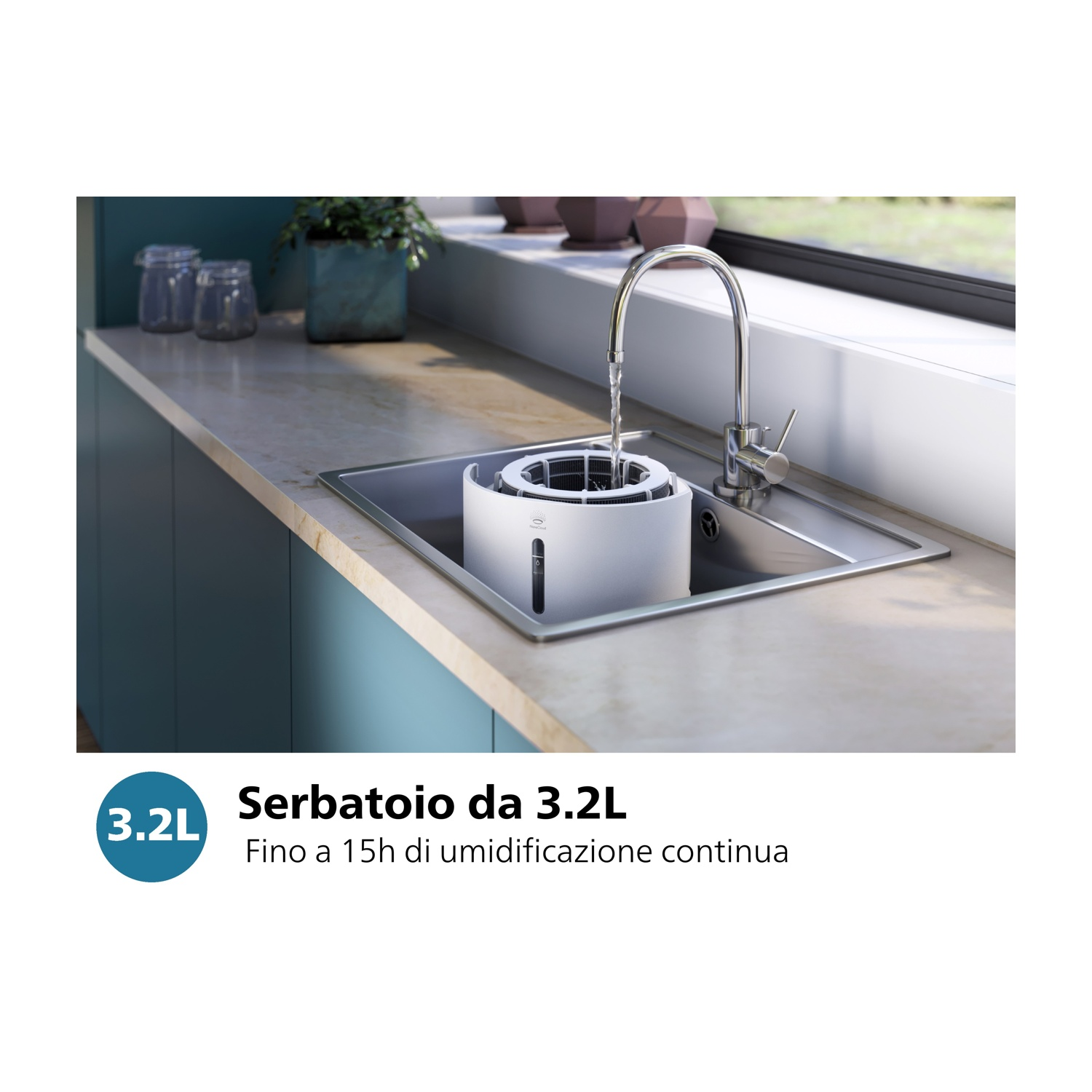 Un umidificatore bianco all'interno di un lavandino, con acqua che scorre da un rubinetto, in una scena di cucina.