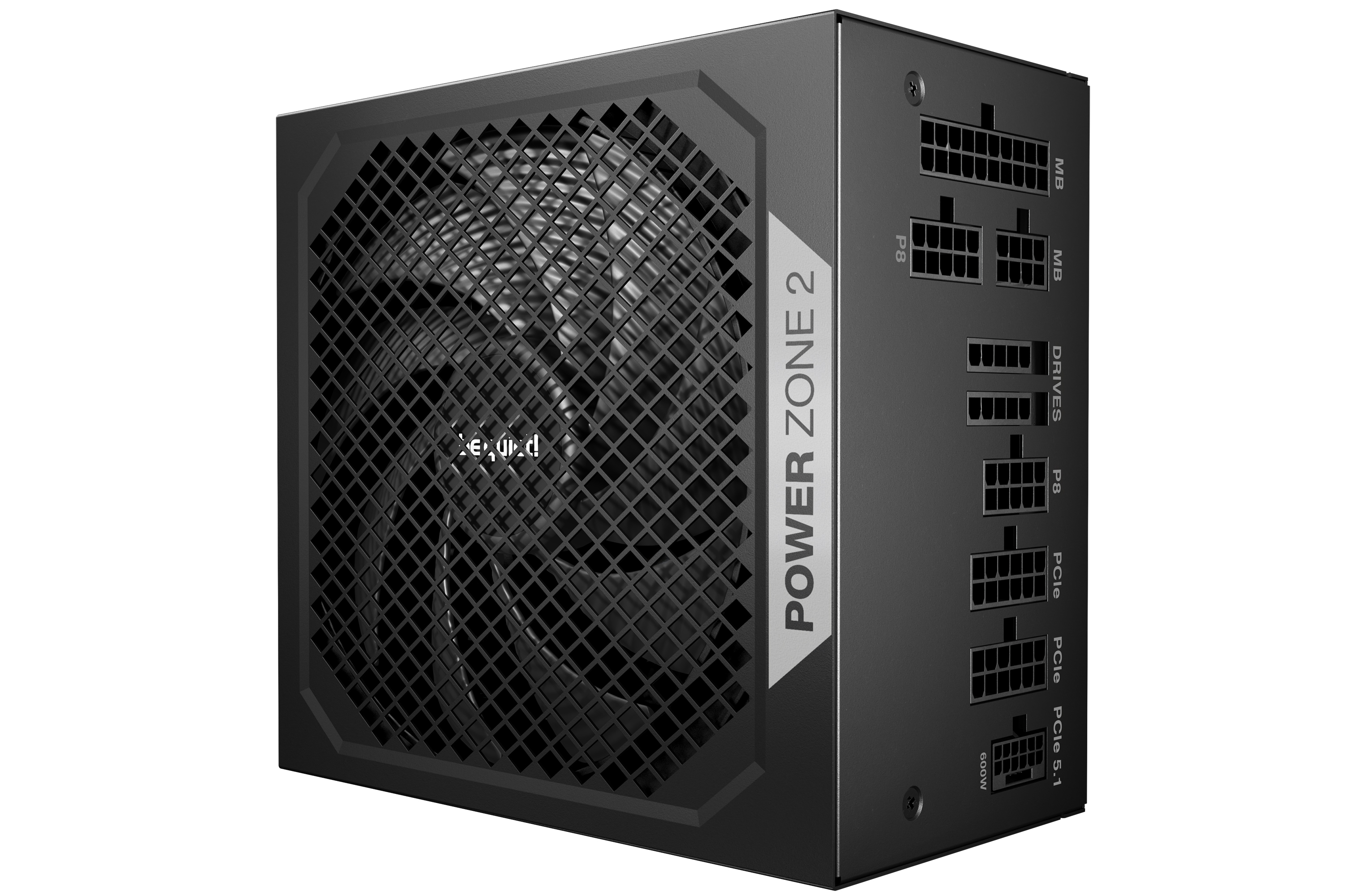 Schwarzes be quiet! Power Zone 2 Netzteil mit Mesh-Lüfter, auf weißem Hintergrund.