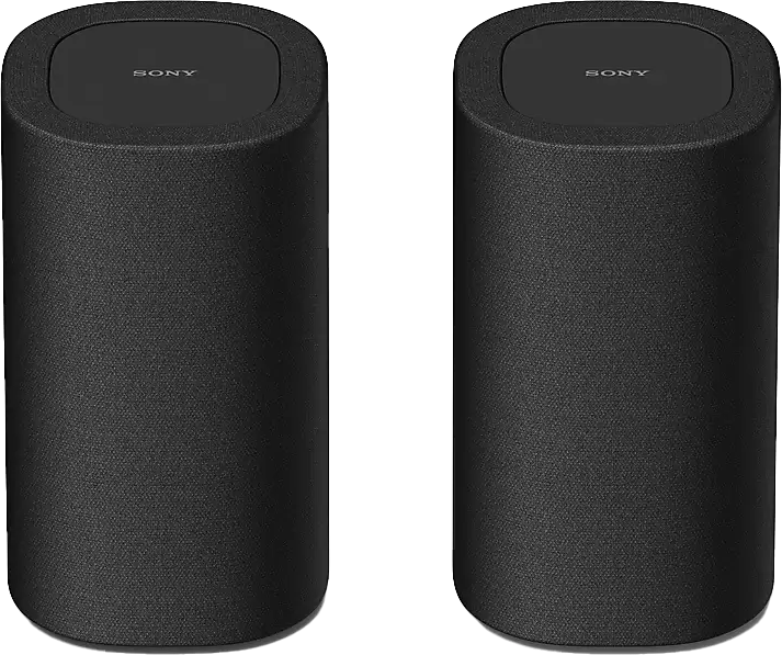 Zwei schwarze zylindrische Lautsprecher. Jeder hat eine schwarze Oberseite mit dem SONY-Logo. Schwarzer Hintergrund.