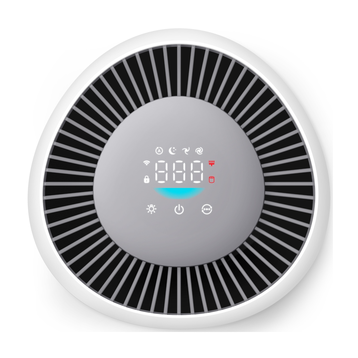 Purificatore d'aria con display con numeri e simboli, circondato da un design bianco e nero.