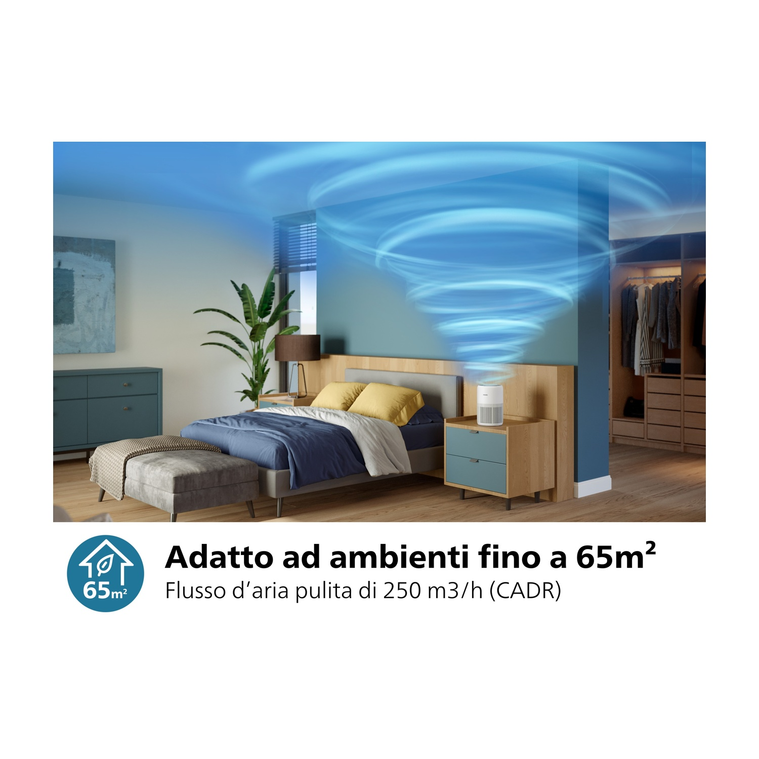 Una camera da letto con un purificatore d'aria, un letto e un grafico che mostra il flusso d'aria.