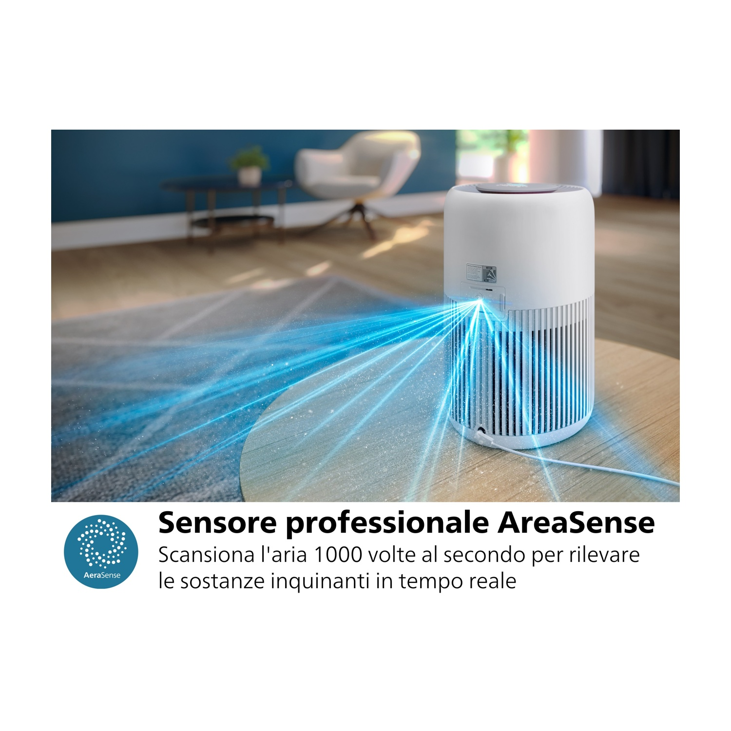 Purificatore d'aria bianco con flussi d'aria blu e testo. Su superficie in legno.
