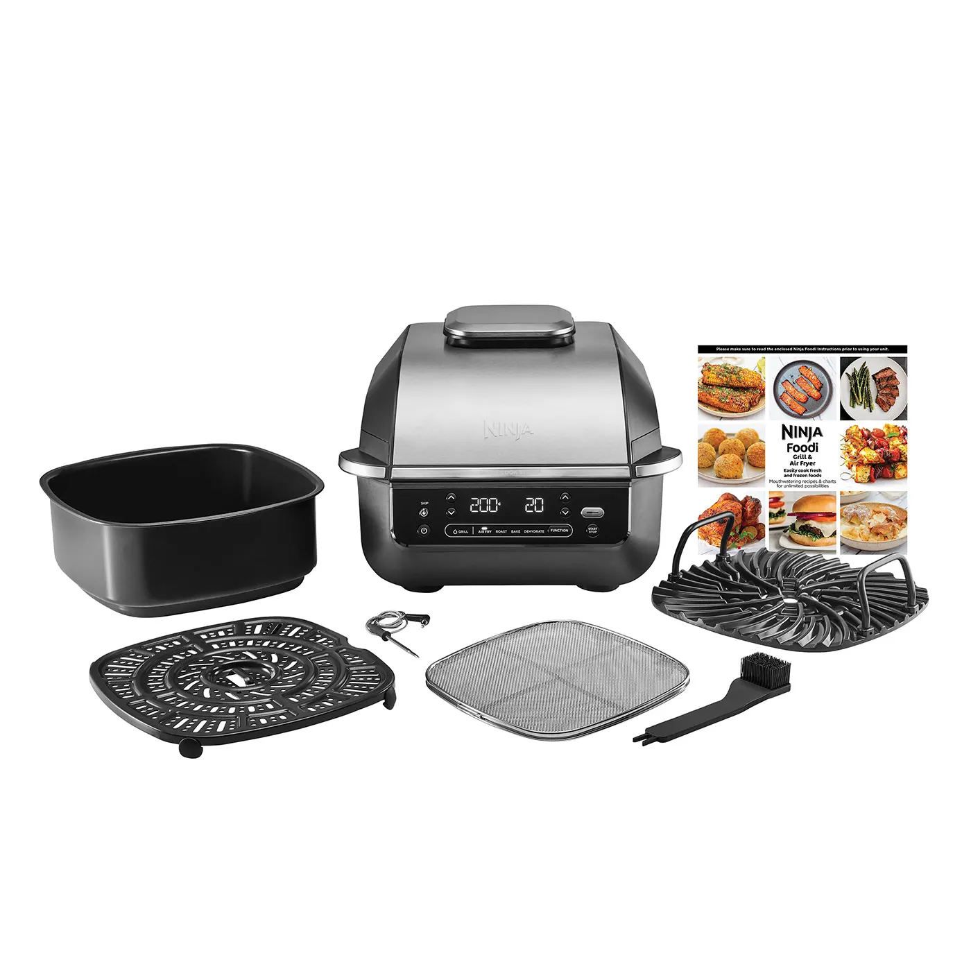 Ninja Foodi grill tartozékokkal: lapok, rácsok és tisztítókefe. Termék részletei.