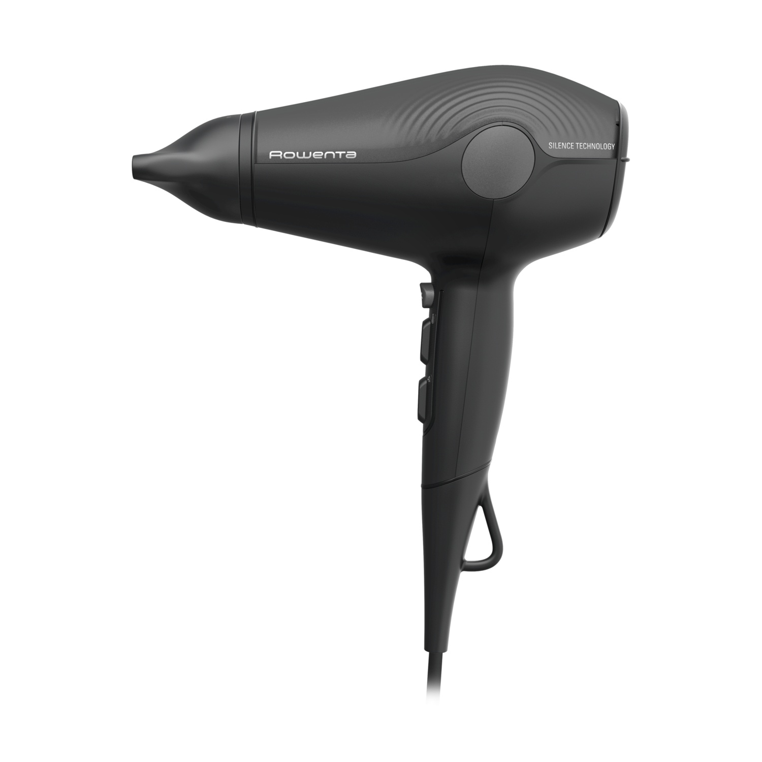 Asciugacapelli nero con etichetta 'Rowenta' e 'Silence Technology'.