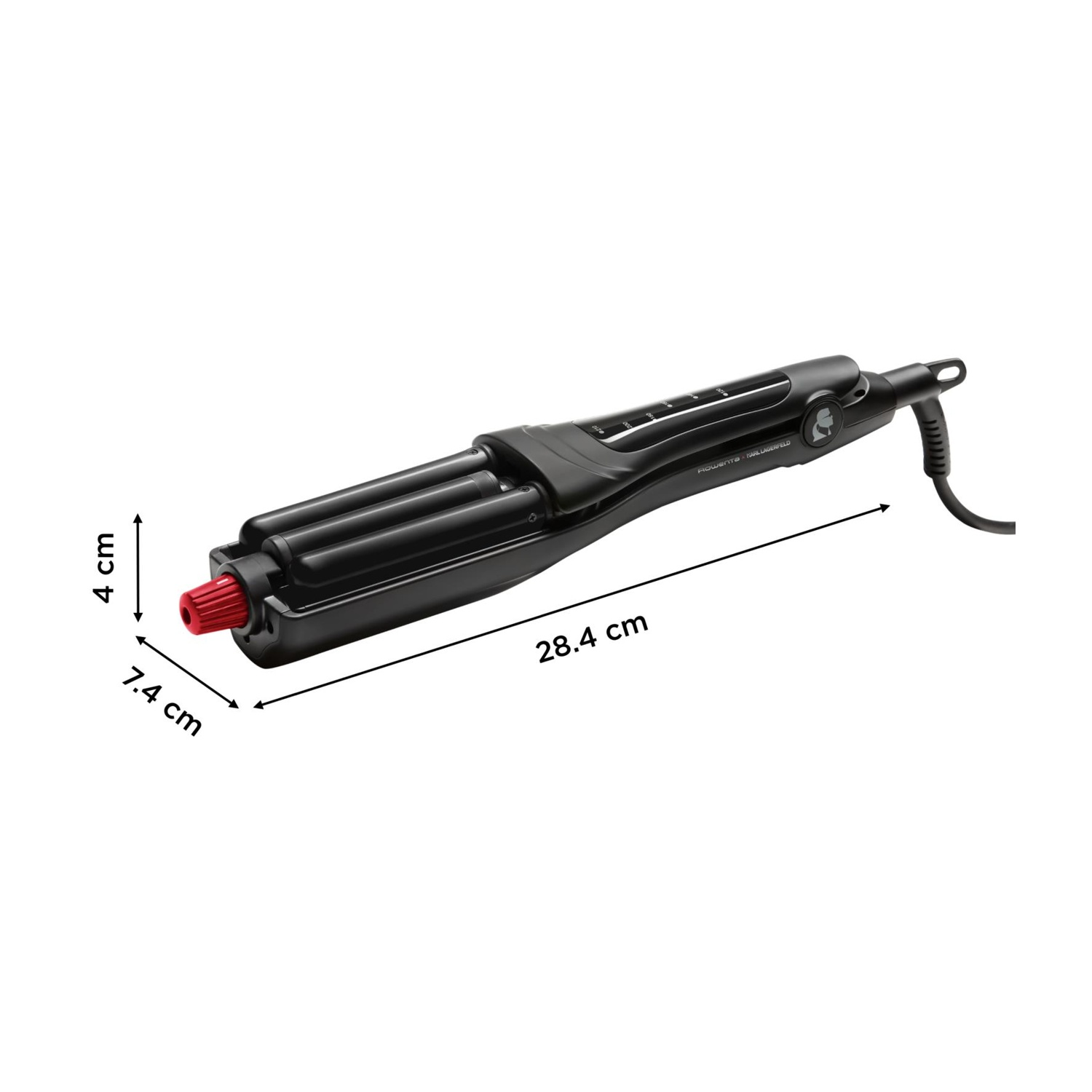 Arricciacapelli nero con punta rossa. Dimensioni: 28,4 cm lunghezza, 7,4 cm larghezza e 4 cm altezza.