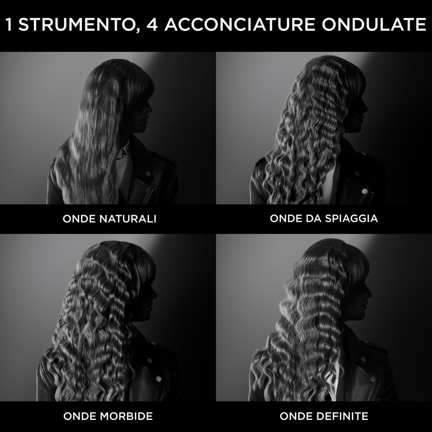 Quattro acconciature femminili, da onde naturali a definite, in bianco e nero.