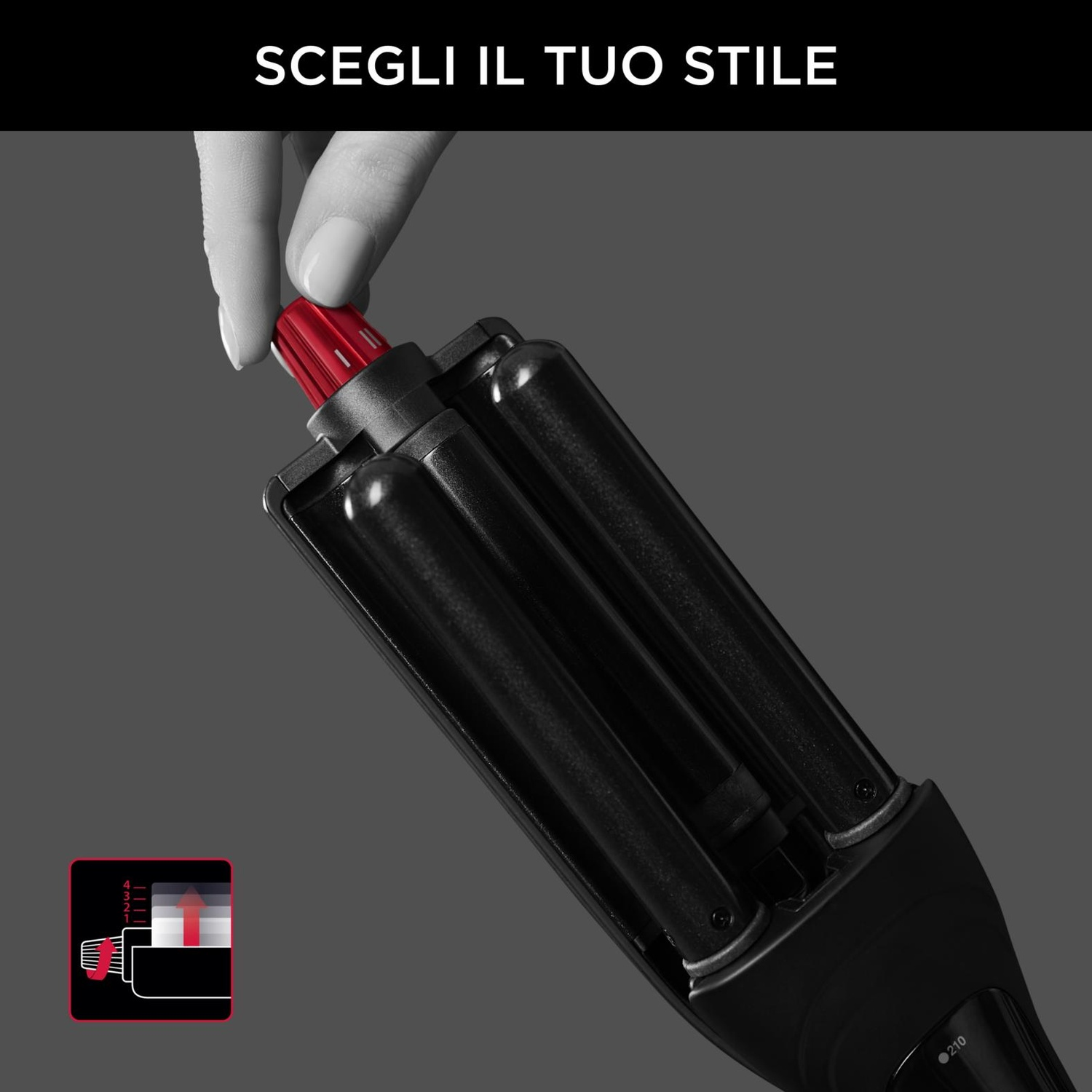 Persona che regola un arricciacapelli nero e rosso, con una piccola guida.