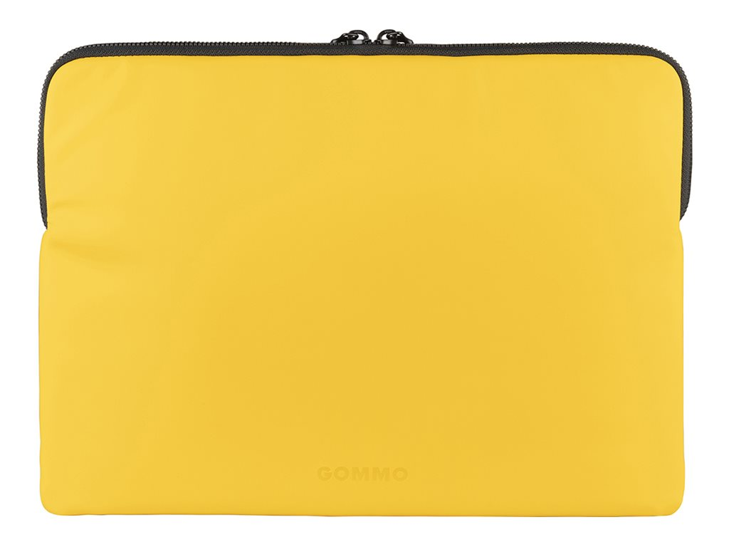 Gelbe Laptoptasche mit schwarzem Reißverschluss. 'GOMMO' ist auf der Vorderseite der Tasche aufgedruckt.