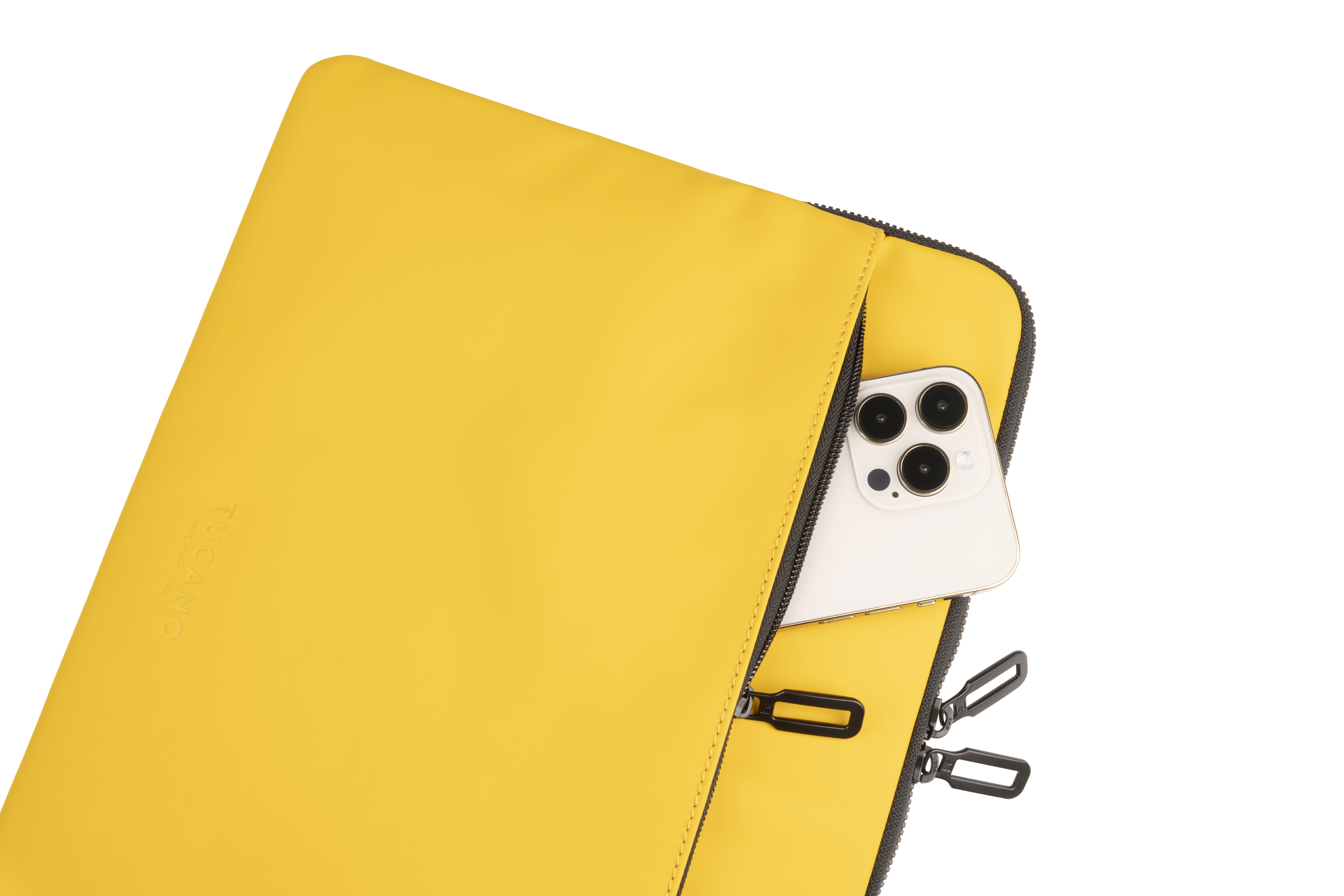 Gelbe Laptop-Hülle mit Telefon in der Tasche und schwarzem Reißverschluss.