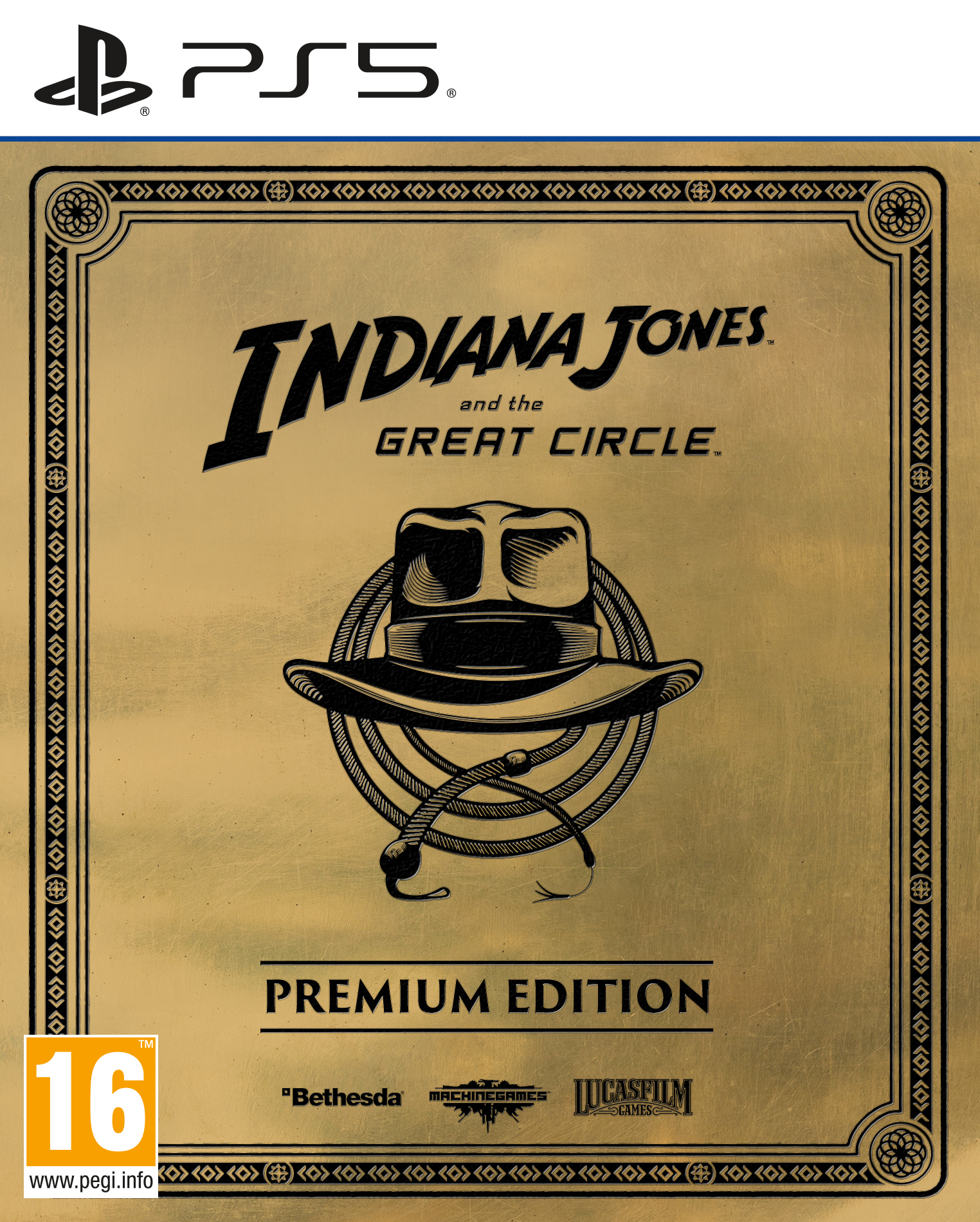 Indiana Jones PS5 Spielcover. Enthält einen Hut und ein Seil. Goldener Hintergrund mit Text.