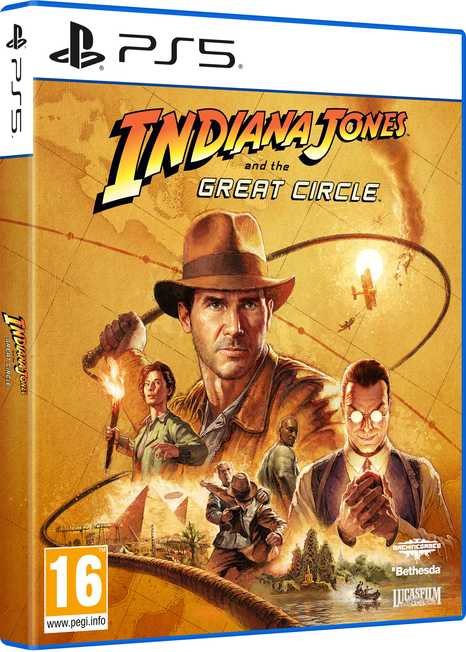 Indiana Jones Spielbox. Harrison Ford, andere Charaktere und Kartendesign.