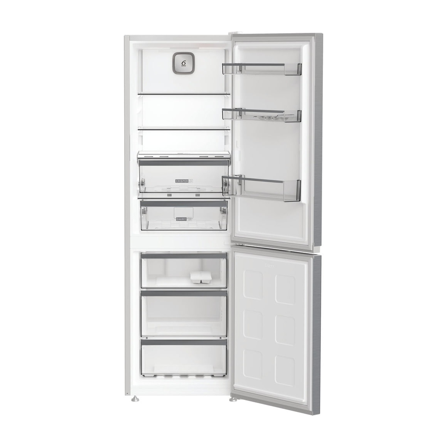 Frigorifero aperto con cassetti e ripiani, interno bianco, isolato.