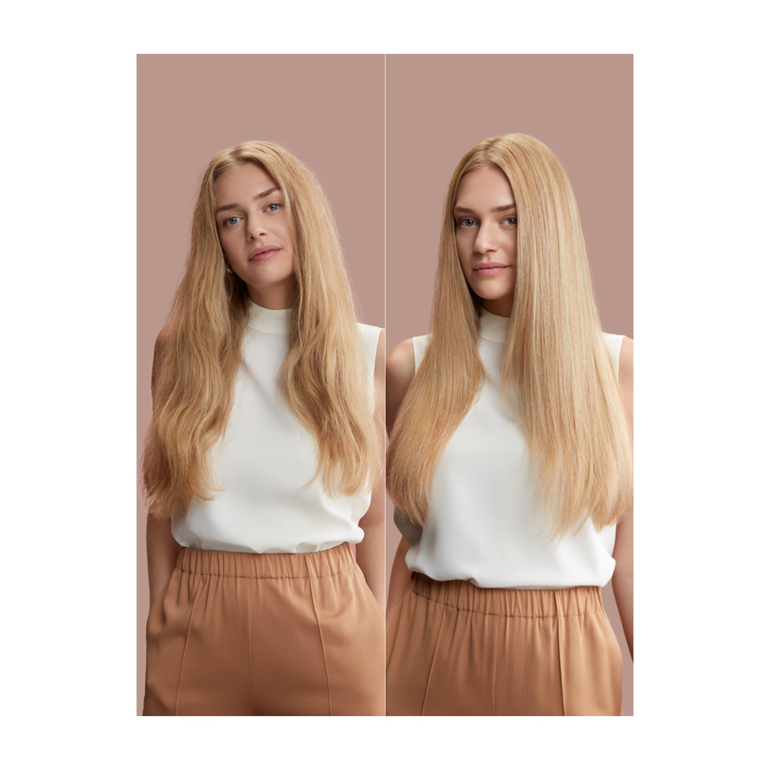 Donna con capelli lisci, prima e dopo.