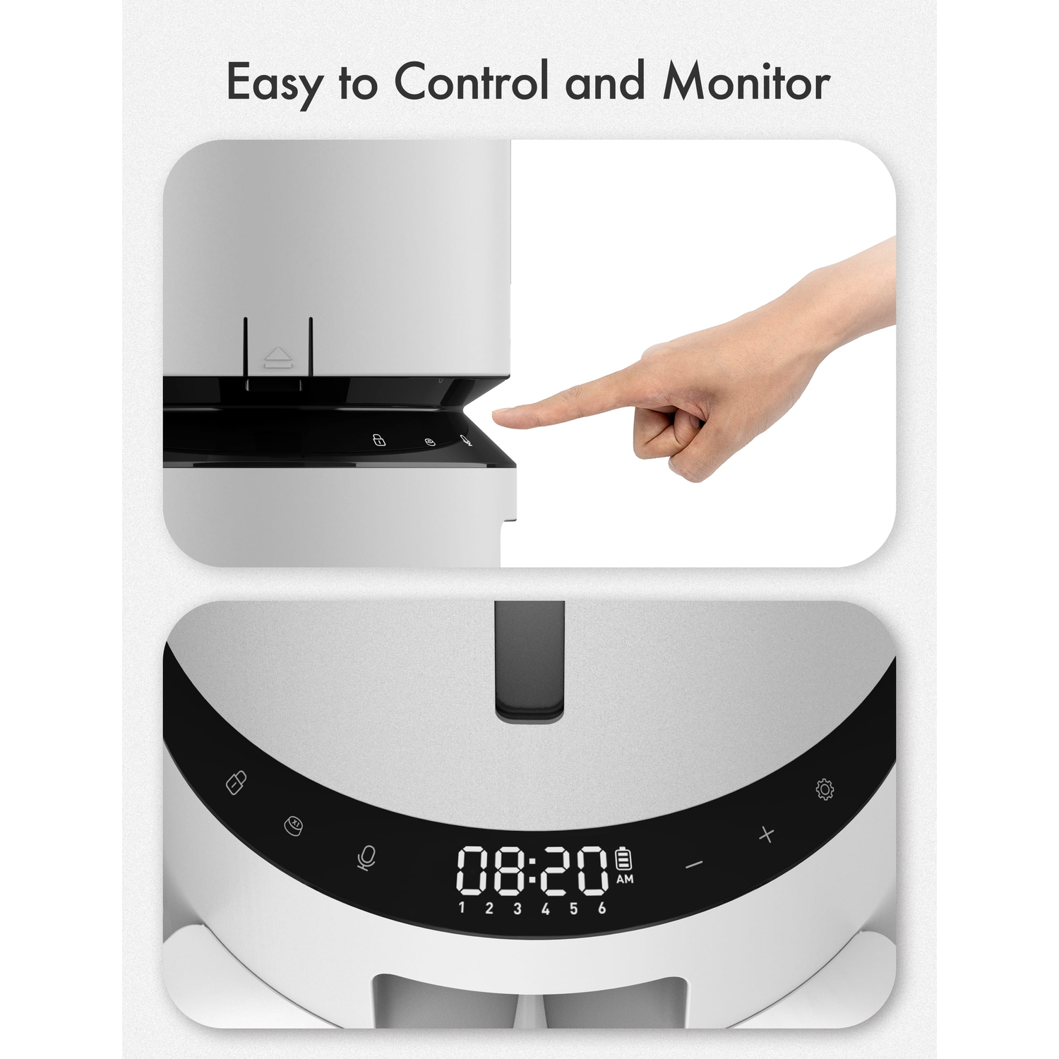 Close-up of a smart pet feeder with digital display and hand interacting.