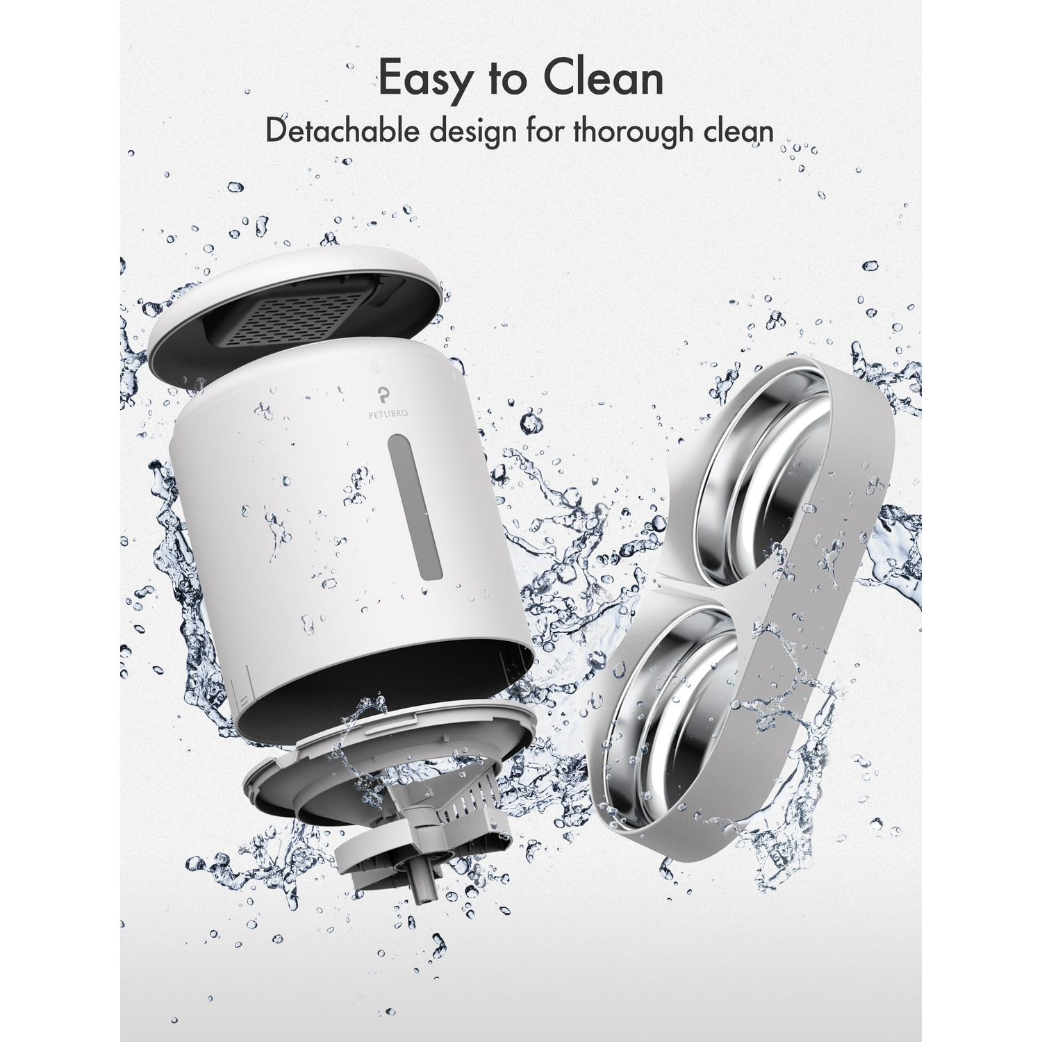 White pet food dispenser with water splash.