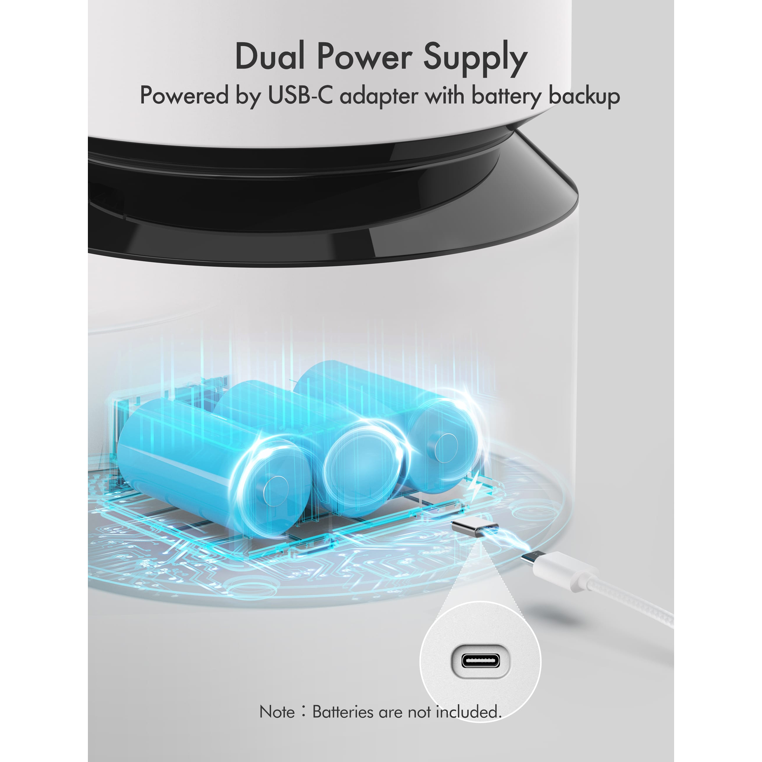 Batteries inside a device with a USB-C adapter and a white charging cable.