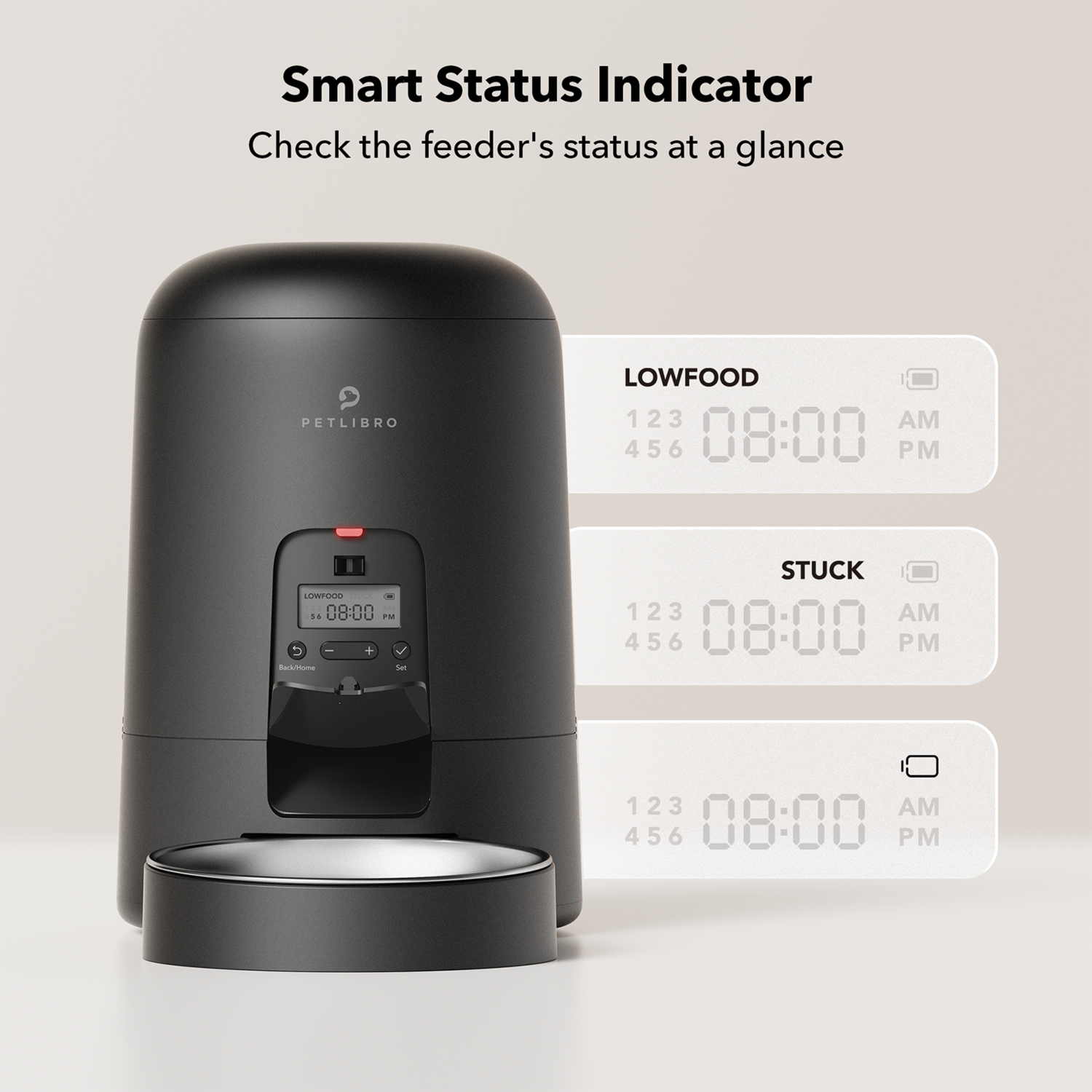 Een zwarte voederautomaat voor huisdieren met een display met tijd- en statusindicatoren. Er worden ook drie kleinere displays getoond.