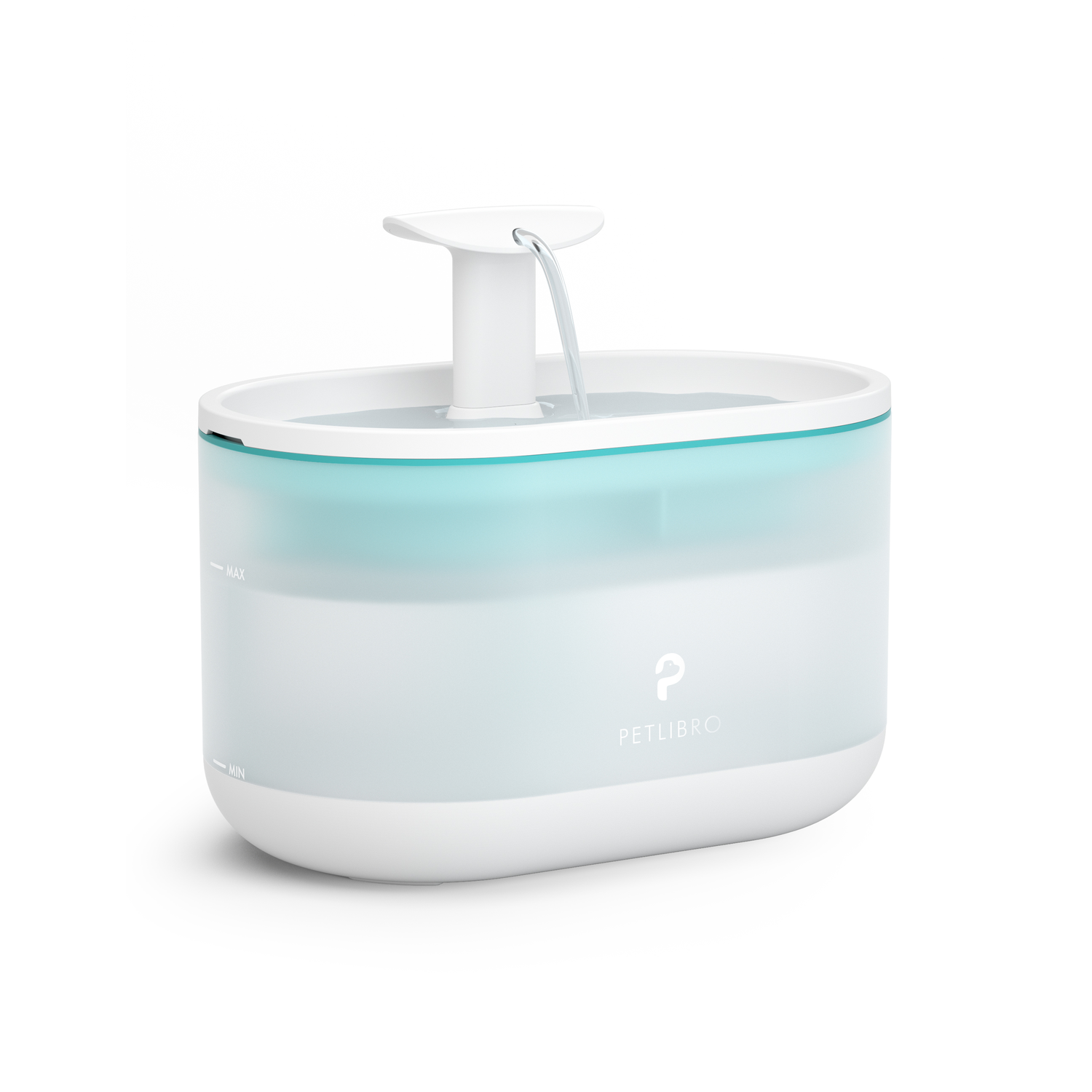 White and blue pet water fountain with a water stream.