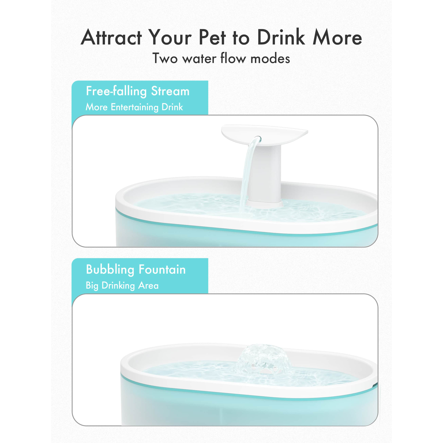 Diagram showing two pet water fountain modes: free-falling stream and bubbling fountain.