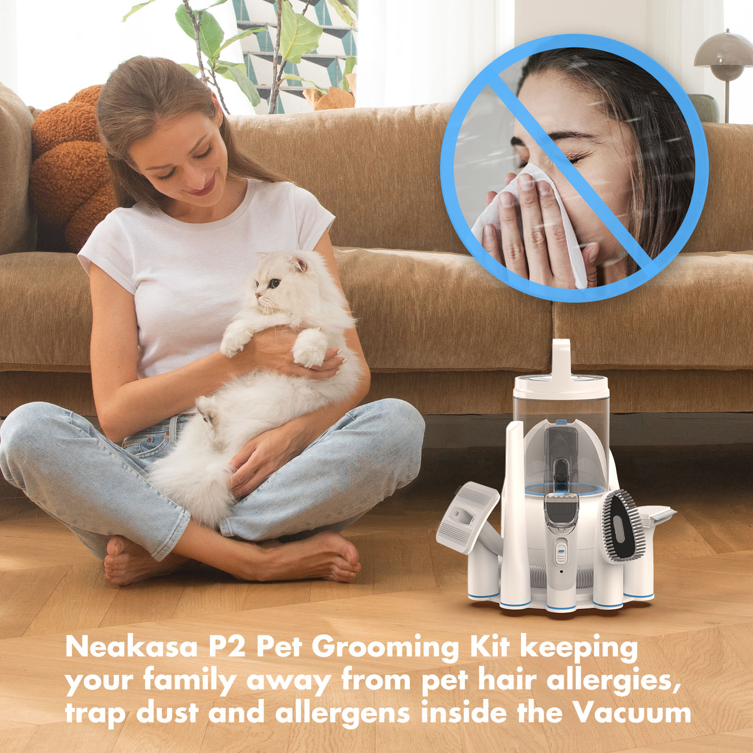 Woman with cat and pet grooming kit, plus an image of someone sneezing.