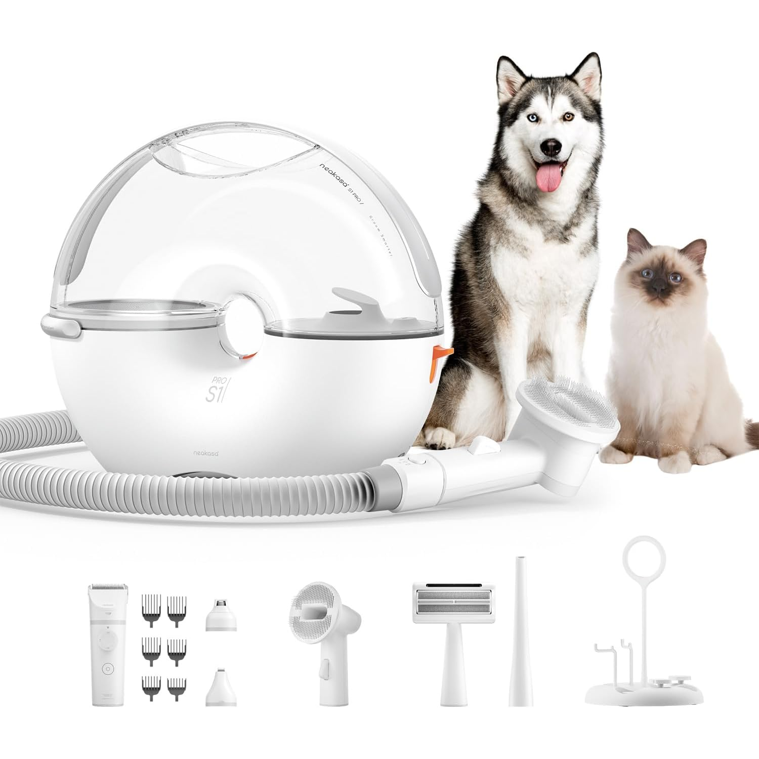 White pet dryer with attachments, a husky, and a Ragdoll cat are in the image.
