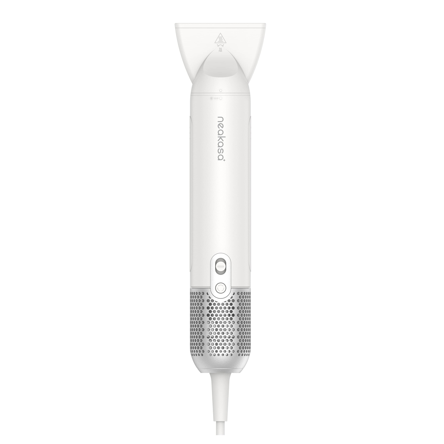 White hair dryer with white cable. Features a nozzle and control buttons.