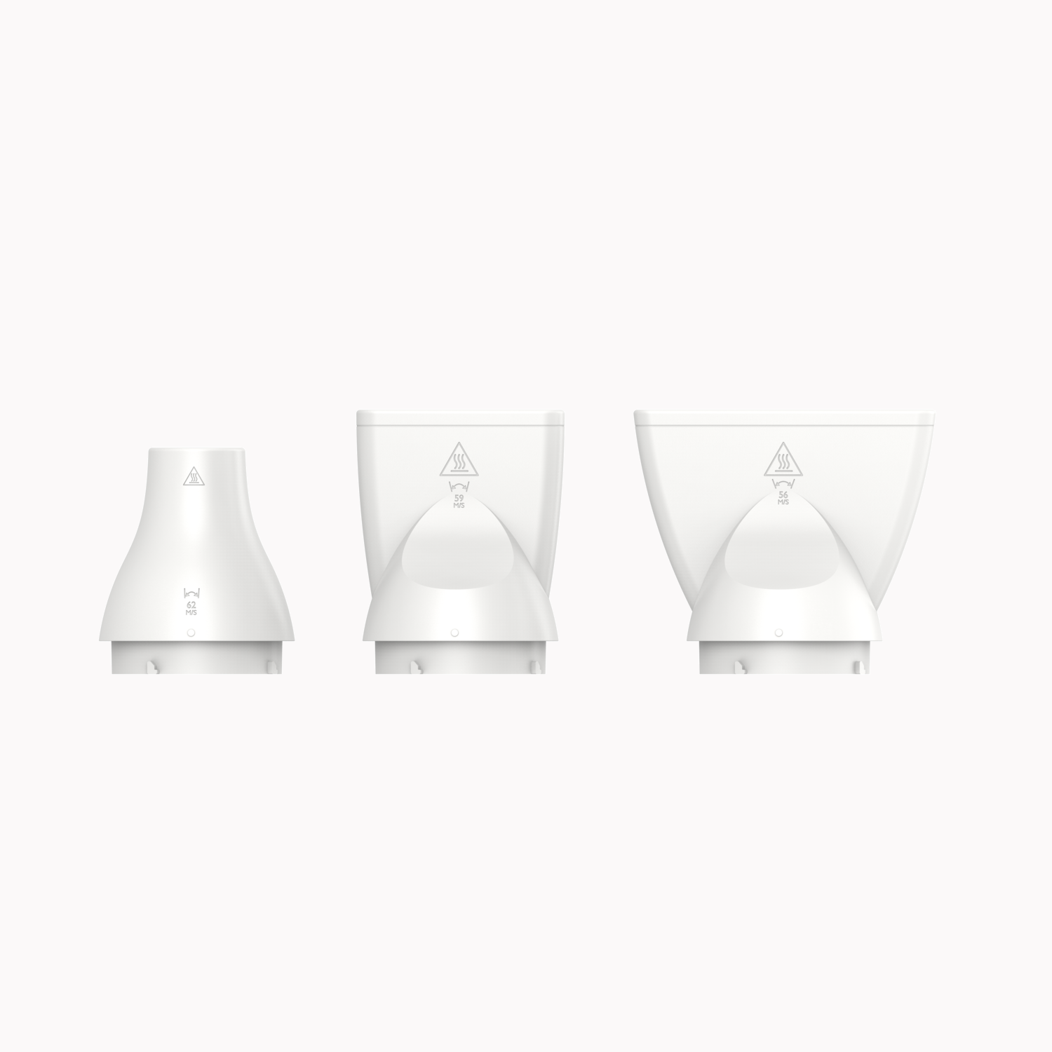 Three white hair dryer attachments. They are different shapes and sizes.