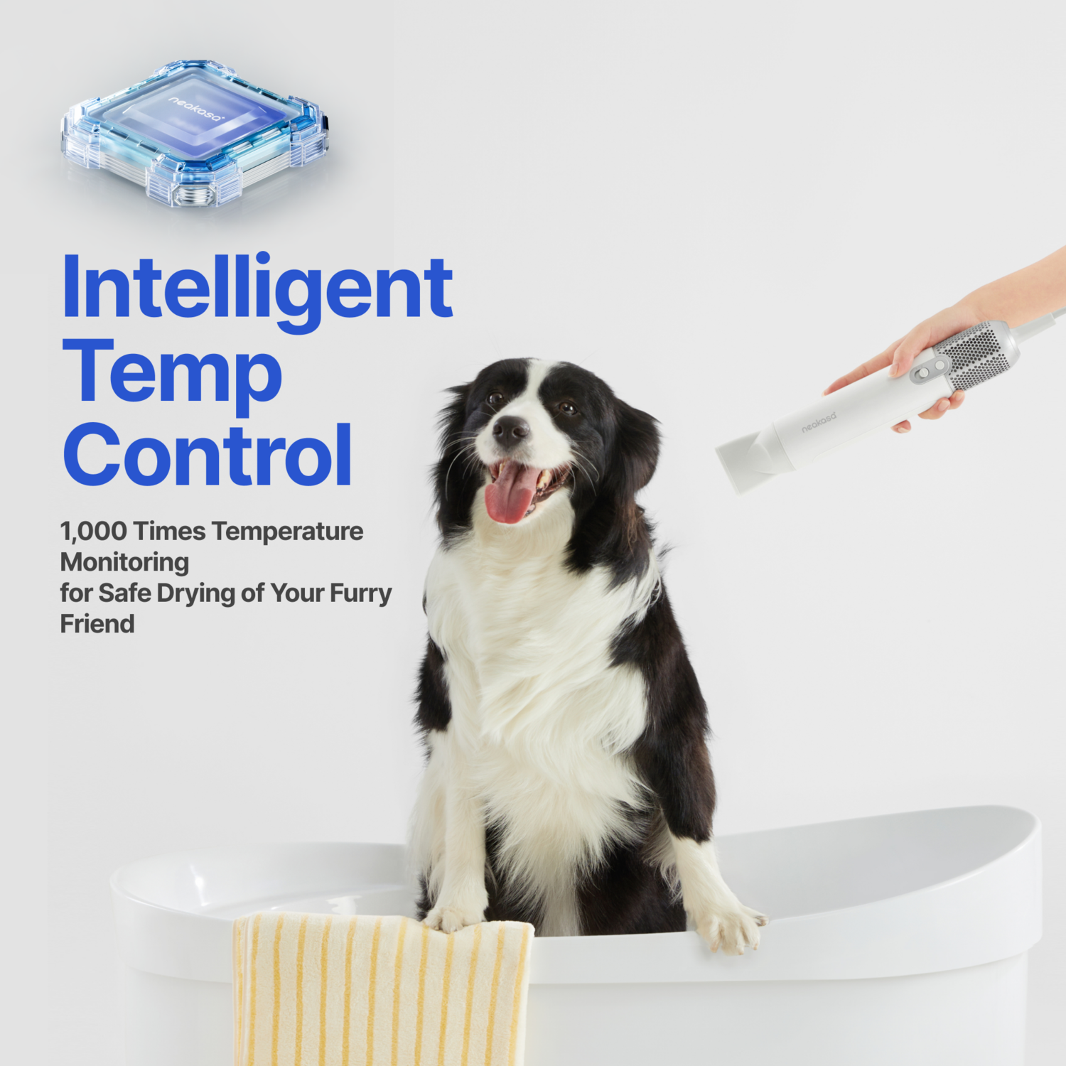 Dog in a white bathtub, dried by a white hairdryer. Text: Intelligent Temp Control.