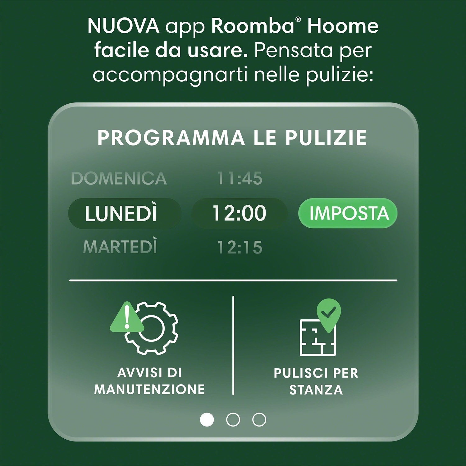 Interfaccia dell'app Roomba che mostra il programma di pulizia e gli avvisi di manutenzione.
