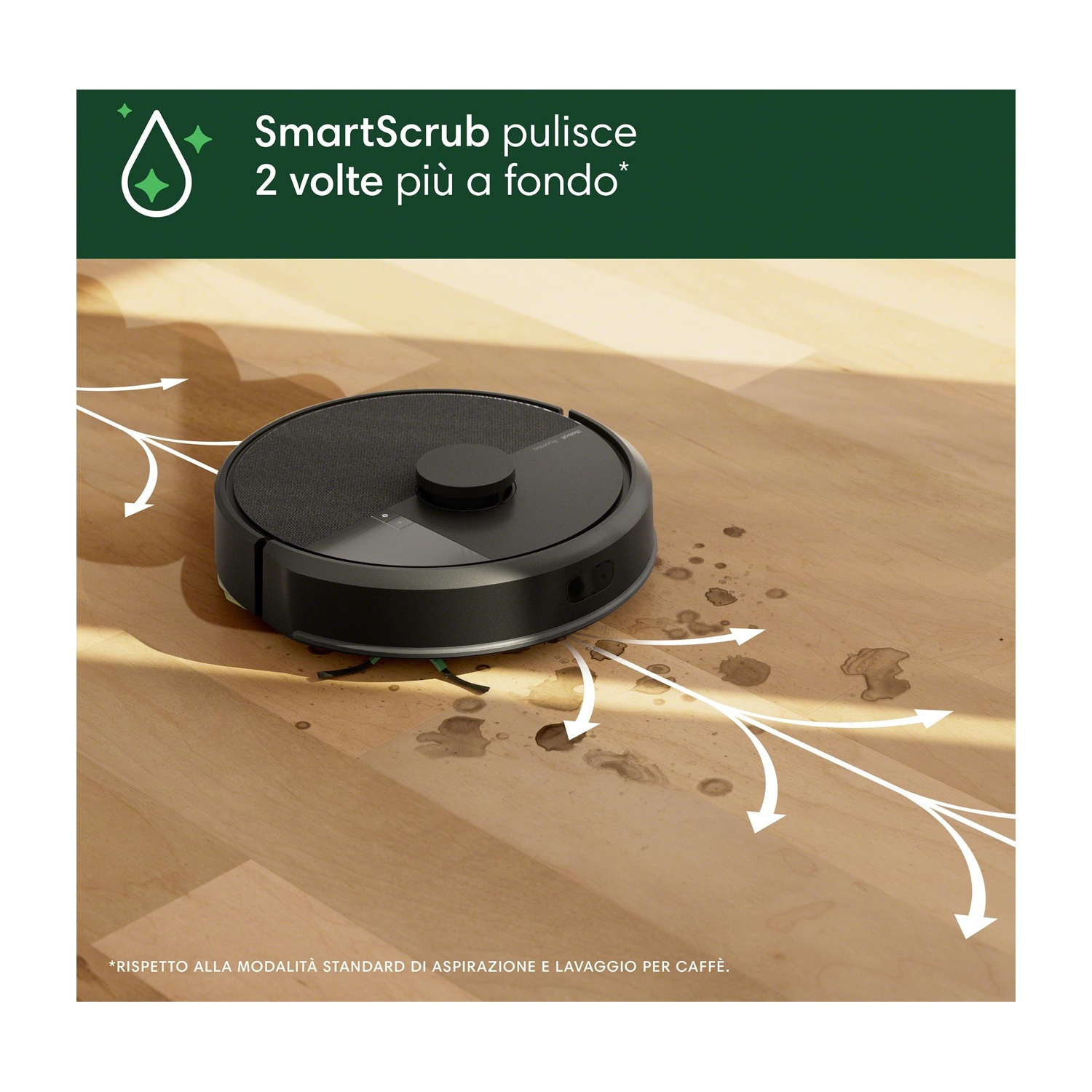 Aspirapolvere robot nero che pulisce un pavimento in legno.