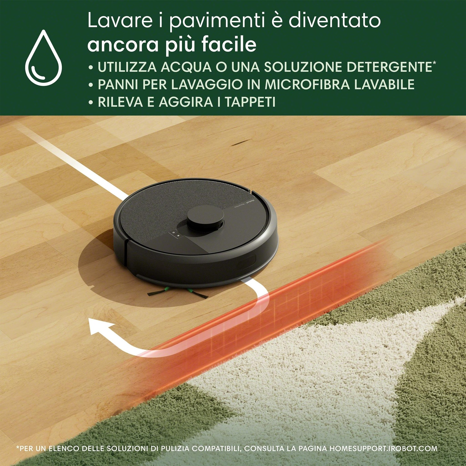 Aspirapolvere robot su pavimento in legno con testo. Mostra un percorso di pulizia su un tappeto.