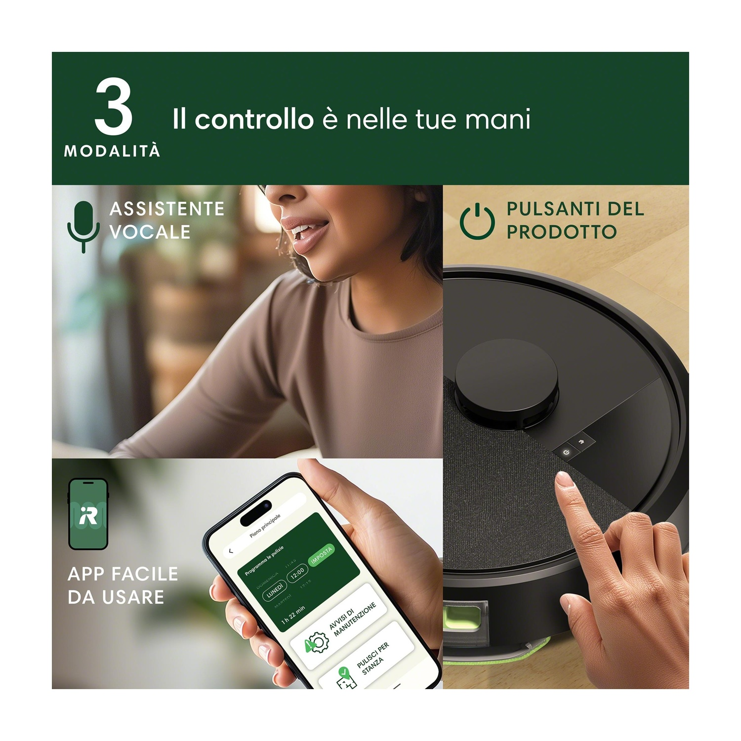 Donna che parla a un robot aspirapolvere. App su un telefono mostra controlli e impostazioni.