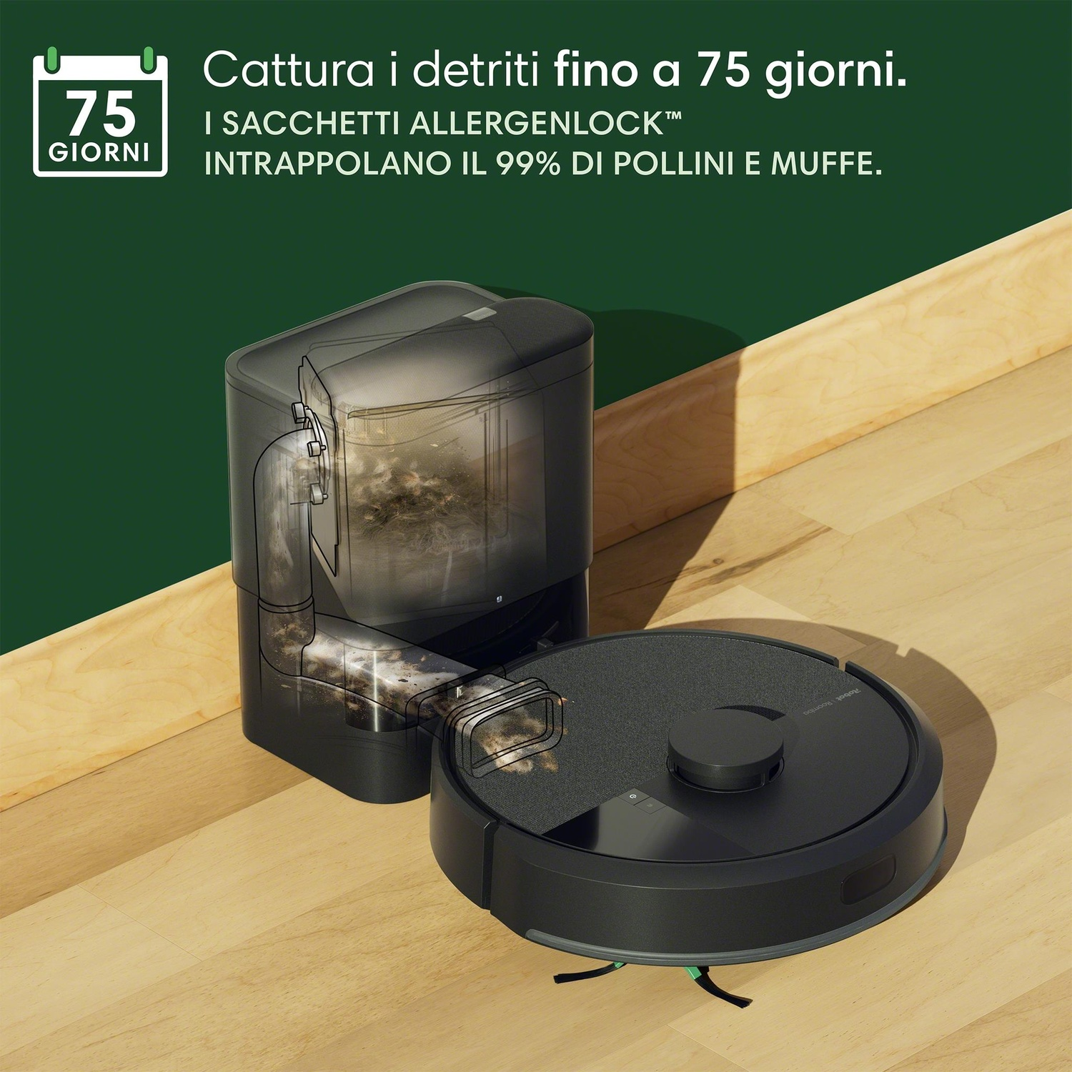 Aspirapolvere robot nero su pavimento in legno. Testo sulla cattura del polline.