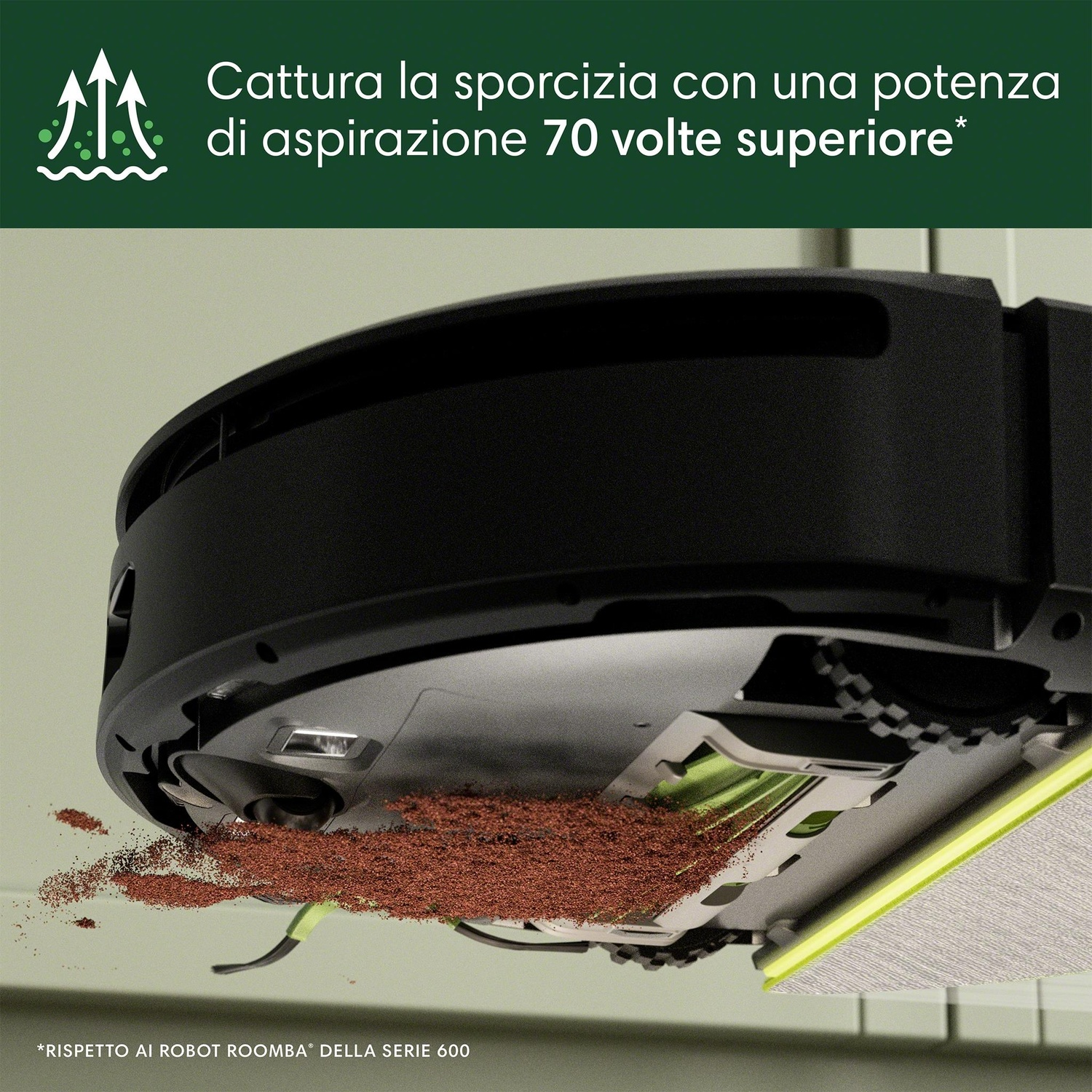 Un robot aspirapolvere in azione, mentre pulisce un pavimento.