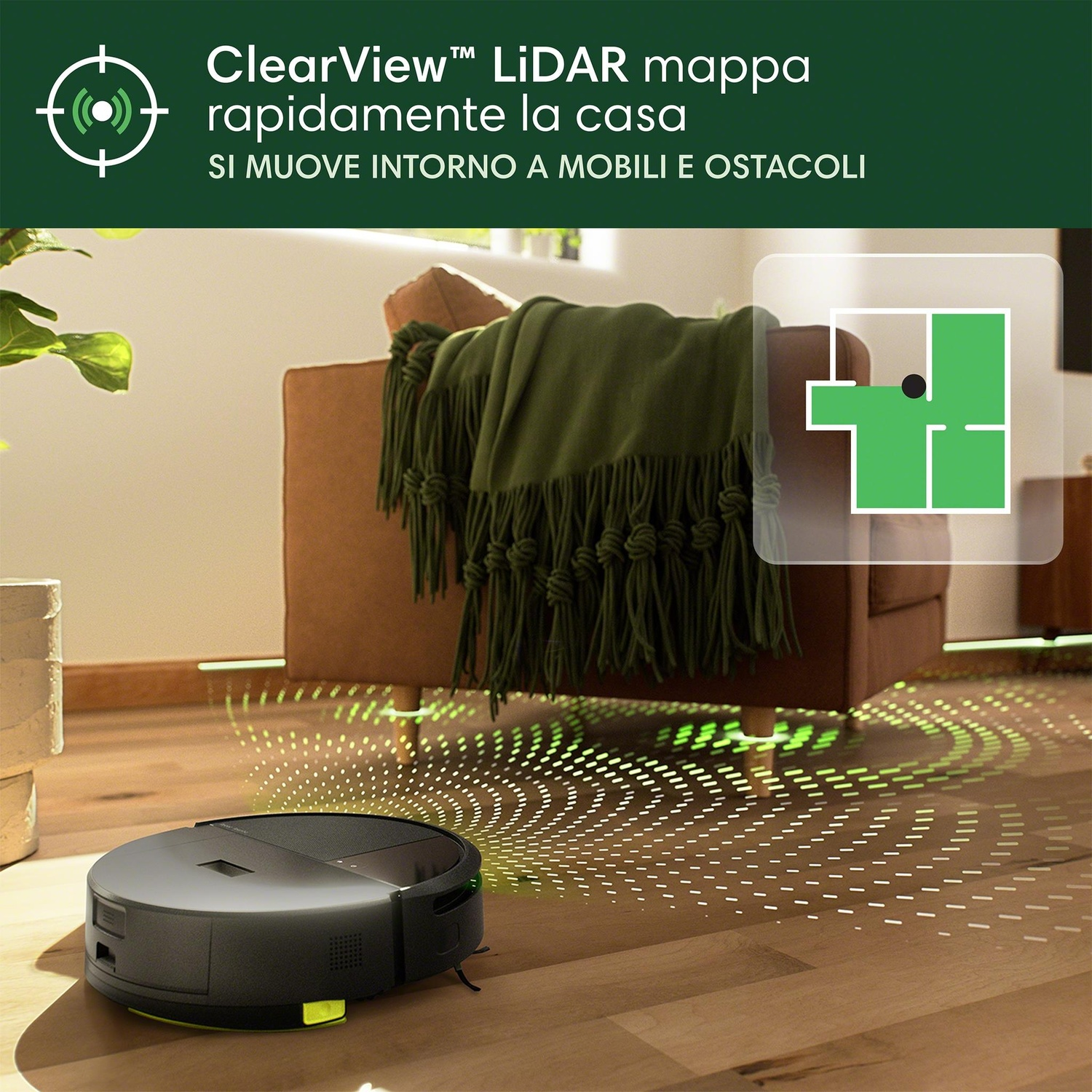 Un aspirapolvere robotico che pulisce un pavimento in legno, viene mostrata una mappa della stanza.