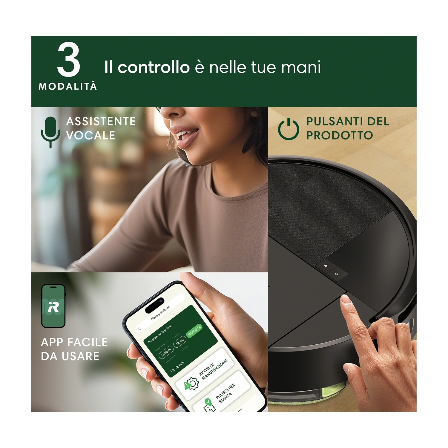 Donna che usa il controllo vocale e i pulsanti del prodotto. Il telefono mostra l'interfaccia dell'app.