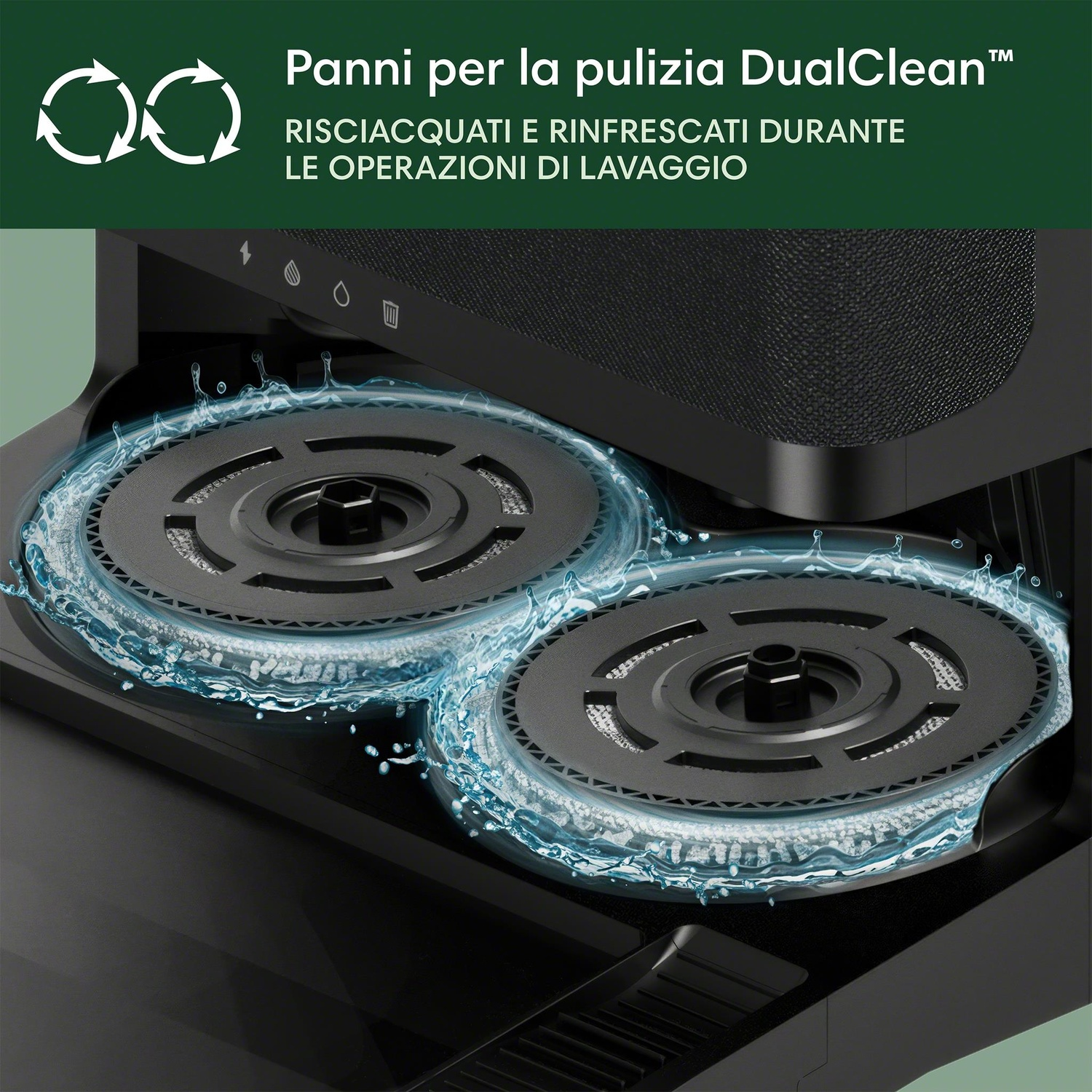 Primo piano di un robot aspirapolvere nero con schizzi d'acqua. La testina di pulizia è visibile.