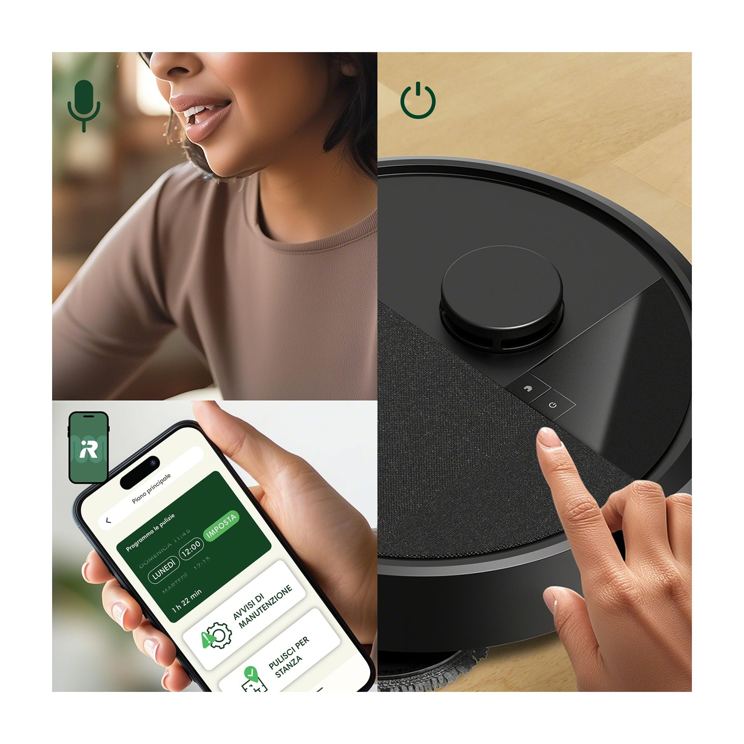 Donna con auricolare, telefono con app e aspirapolvere robot.