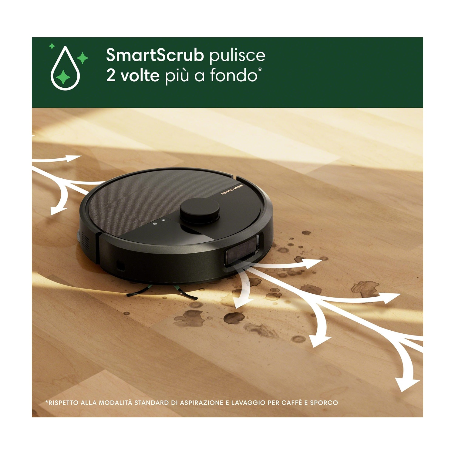 Un robot aspirapolvere nero su un pavimento in legno.