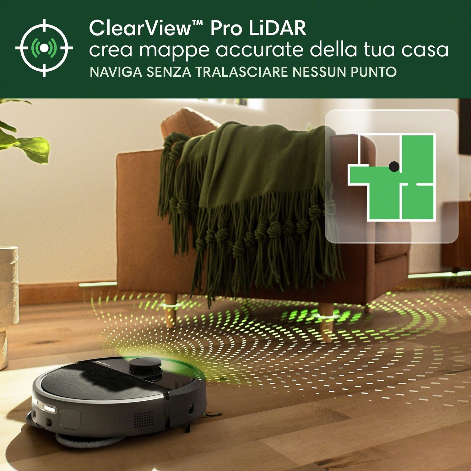 Robot aspirapolvere che mappa una stanza. Sovrapposizione di testo con planimetria.