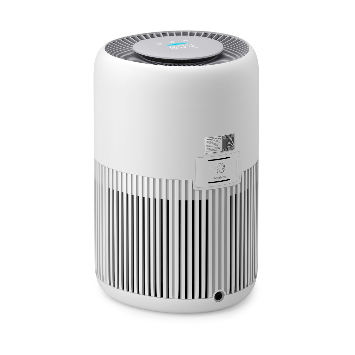 Purificatore d'aria bianco con parte superiore grigia e linee verticali sul corpo.