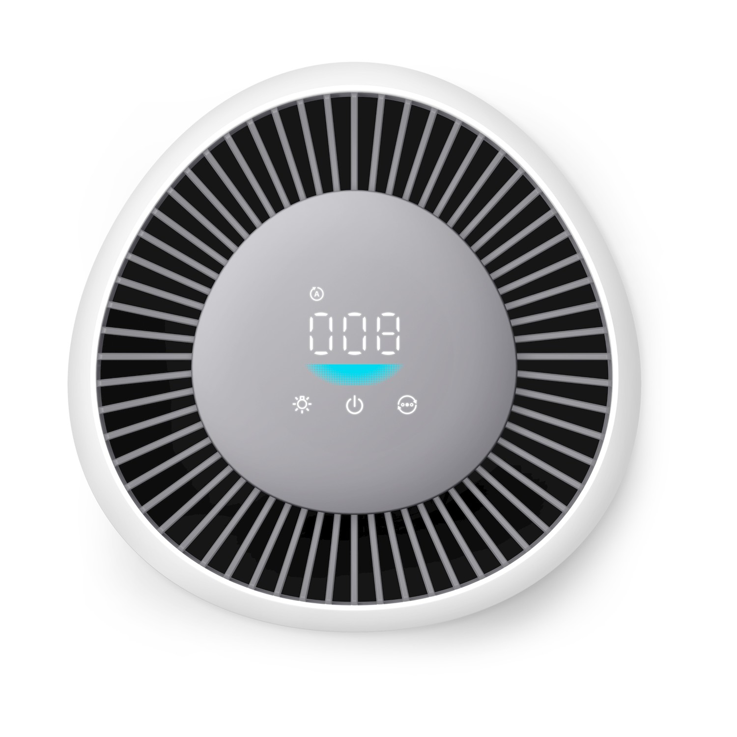 Purificatore d'aria bianco e grigio con display digitale su sfondo bianco.