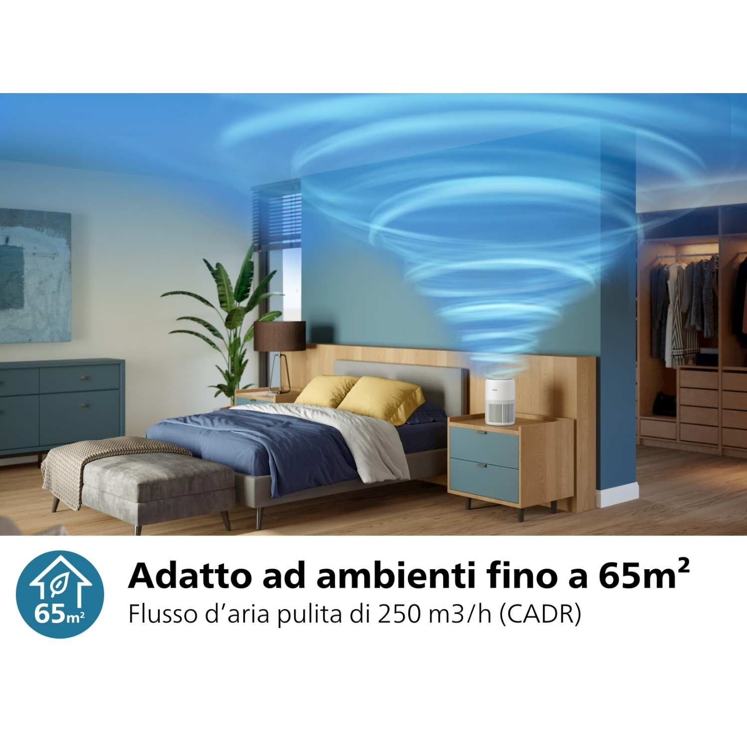 Camera da letto con purificatore d'aria. Testo: Adatto a stanze fino a 65 m². Flusso d'aria pulita.