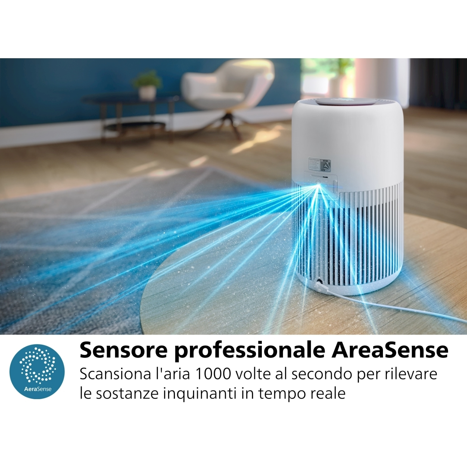 Un purificatore d'aria bianco su un tavolo, con raggi di luce blu che indicano la purificazione.