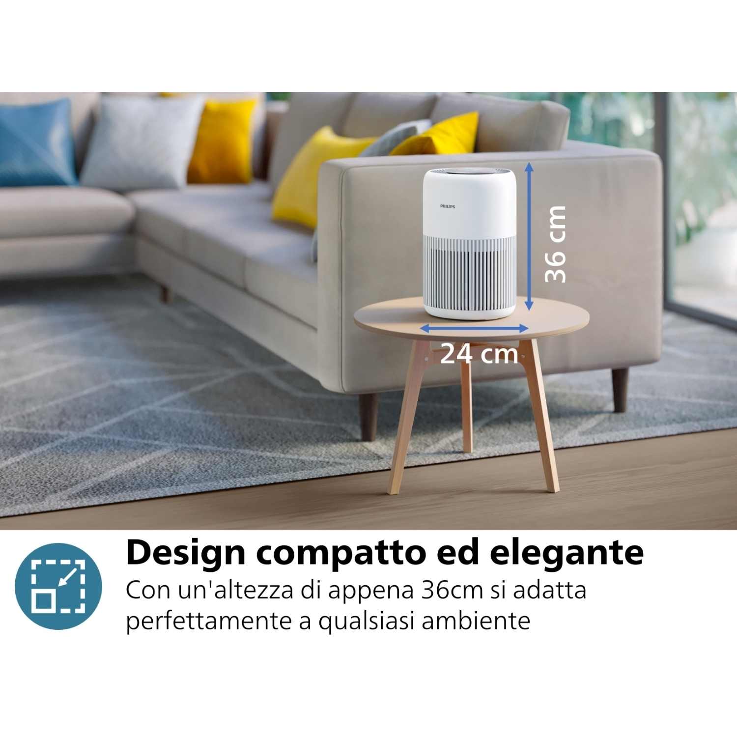 Purificatore d'aria su un tavolino. Testo: Design compatto ed elegante. Alto 36 cm.