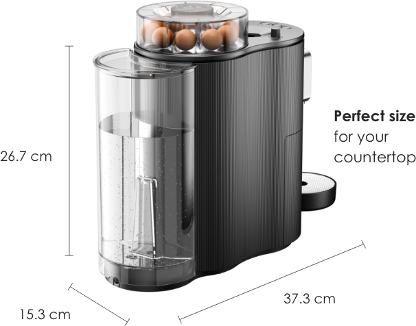 Eine schwarze Kaffeemaschine mit Abmessungen: 26,7 cm hoch, 37,3 cm lang und 15,3 cm breit.