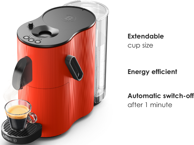 Rote Kaffeemaschine mit schwarzen Akzenten, eine Tasse Kaffee und Textbeschriftungen.