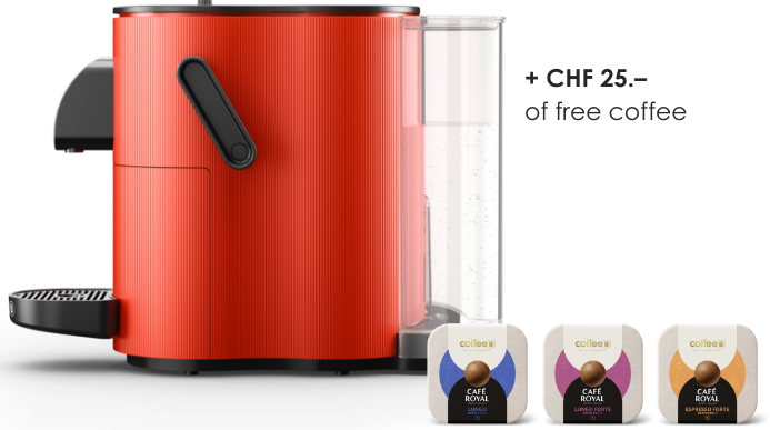 Rote Kaffeemaschine mit Wassertank und Kaffeepads. Text: + CHF 25.- gratis Kaffee.