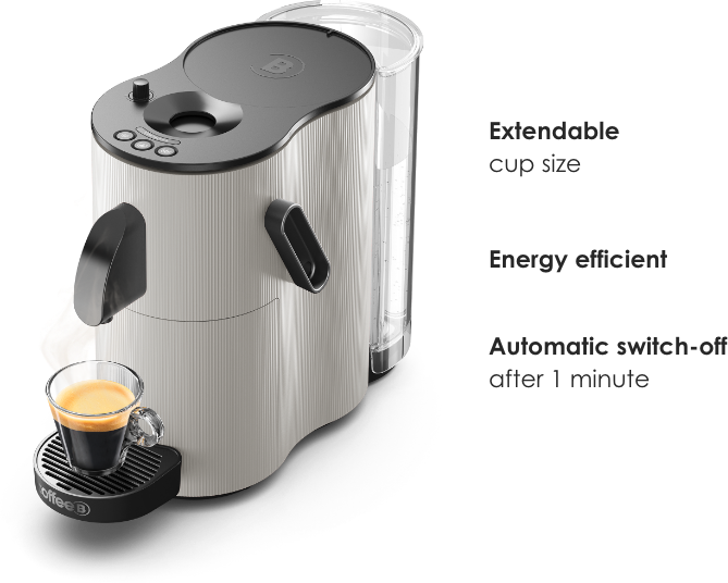 Eine Kaffeemaschine mit einem Glas Espresso. Text erwähnt erweiterbare Tassengröße und Energieeffizienz.